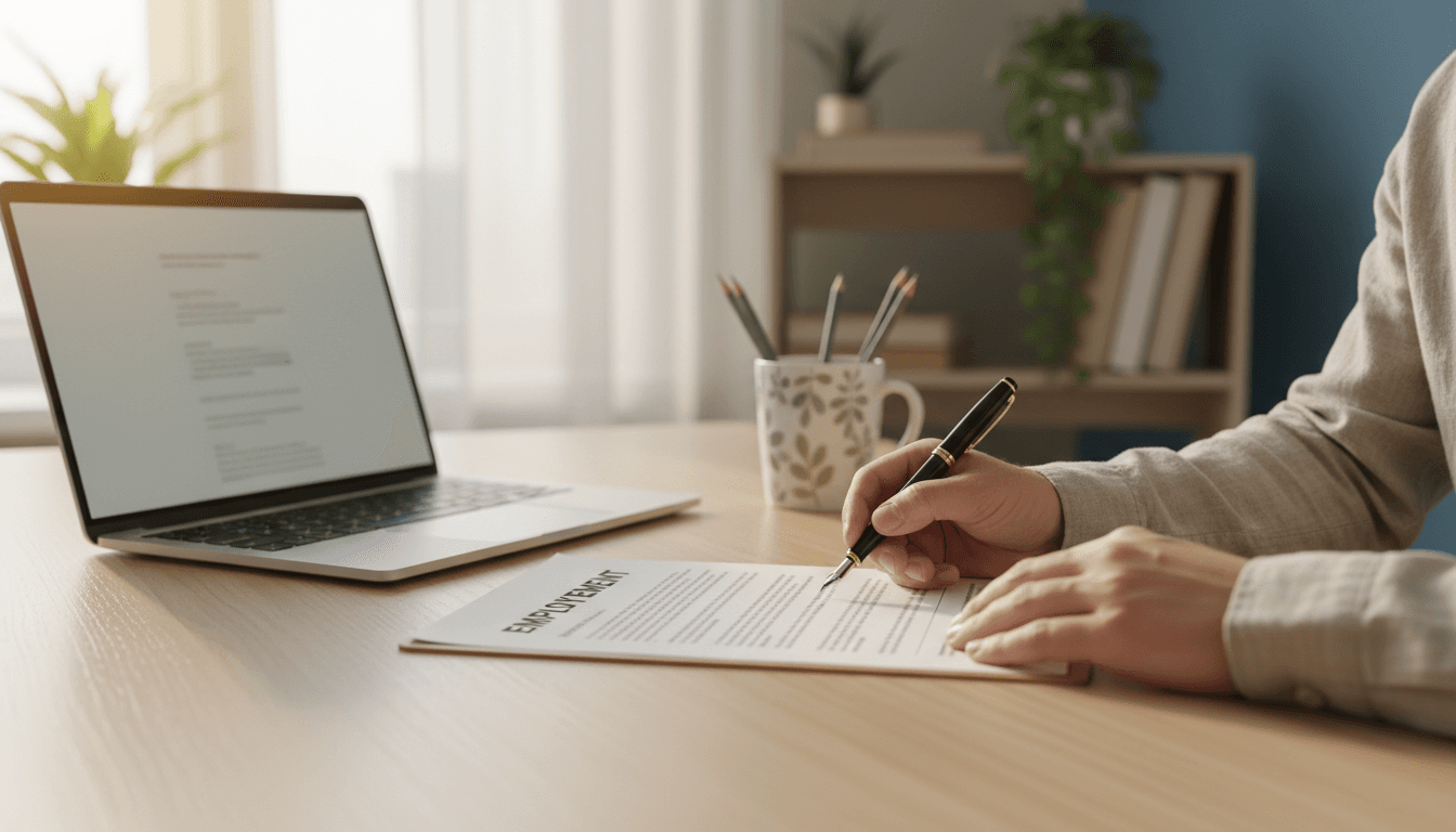 Hands reviewing a contract document on a desk