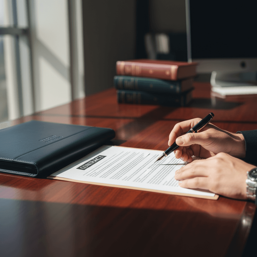 Professional hands reviewing organized legal documents on a desk
