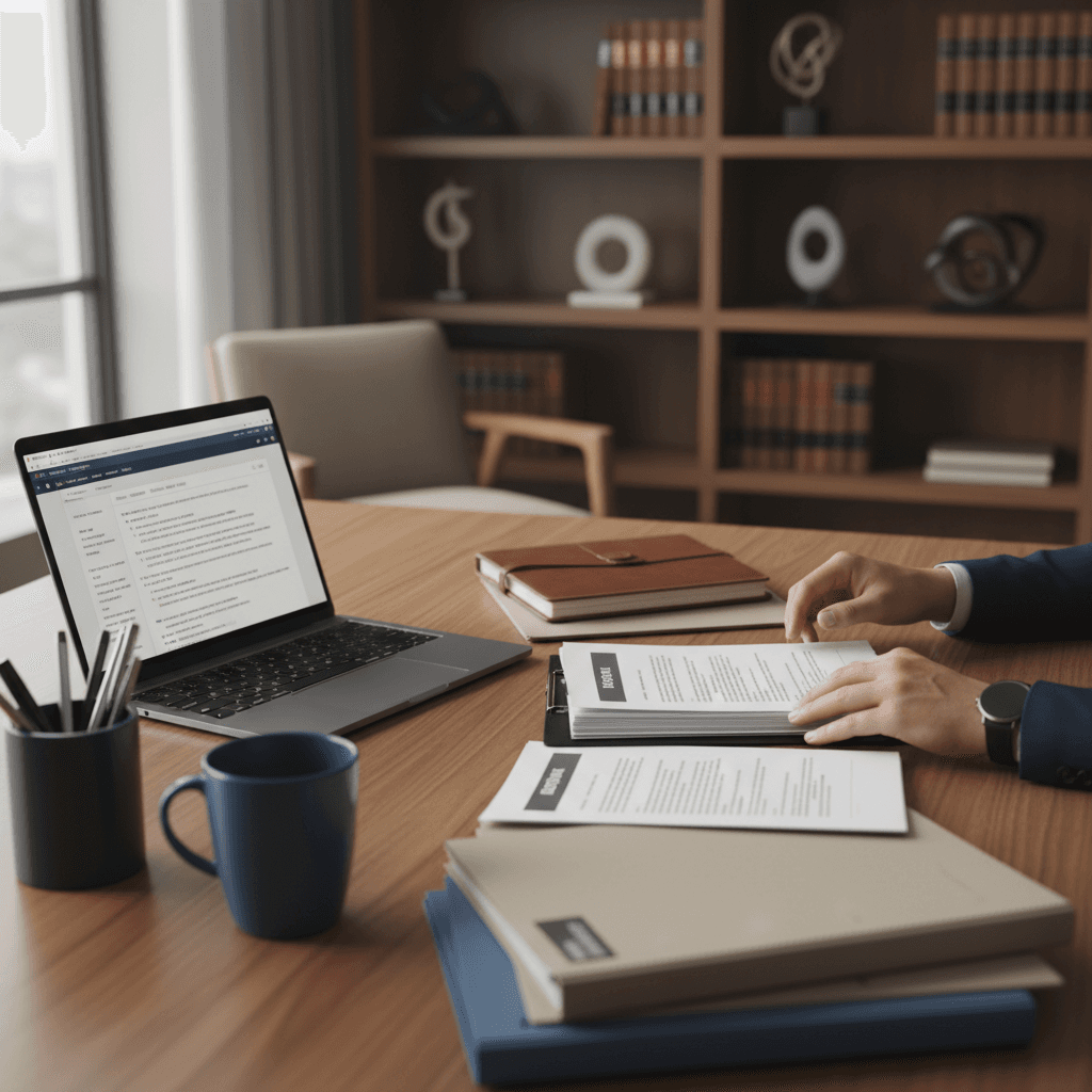 Legal professional reviewing documents in a Toronto office
